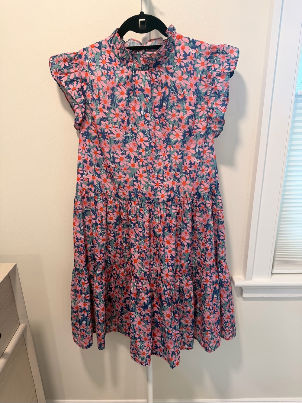 THML Pink and Blue Floral Ruffle Neck Tiered Dress - size Medium